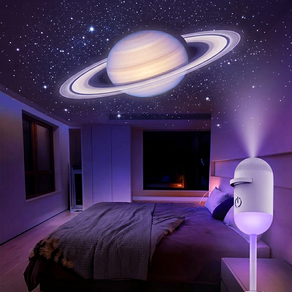 USB-lampa projicerar Saturnus i taket på sovrummet